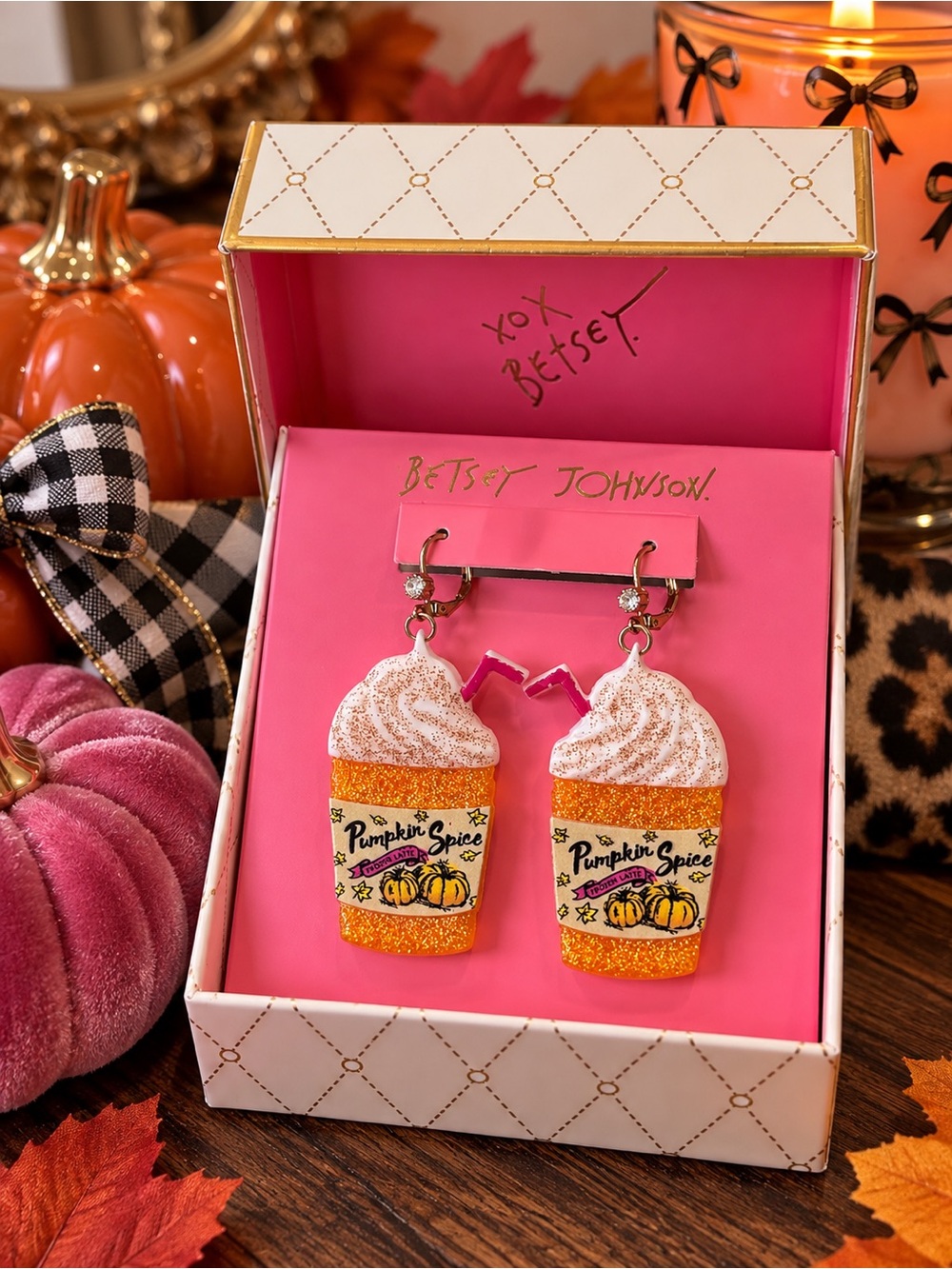 Betsey Johnson • Orange Pumpkin Spice Latte Drop Earrings • New in Box